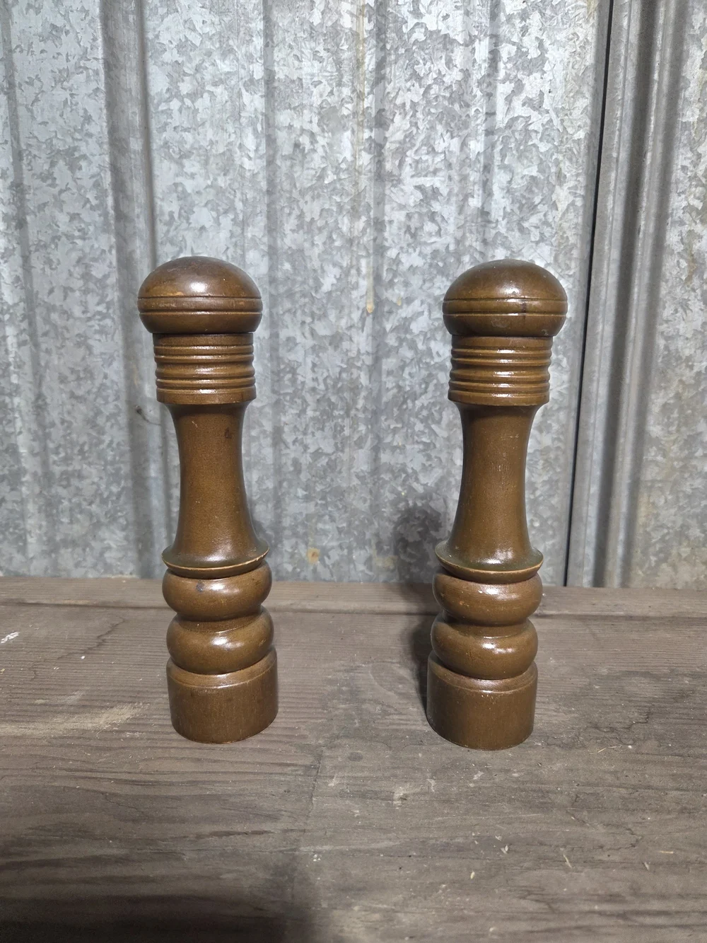 Pair of Vintage Turned Wood Spindles in Warm Brown